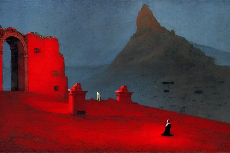 Image similar to only with red, a red melted emperor, taormina amphitheatre, crowd hails him, in the style of beksinski, parts by edward hopper, parts by rodcenko, parts by yue minjun, intricate and epic composition, red by caravaggio, insanely quality, highly detailed, masterpiece, red light, artstation, 4 k