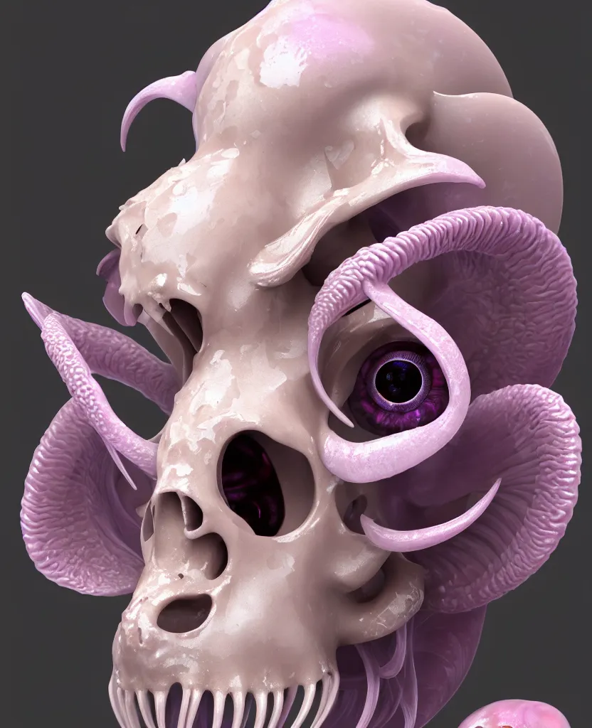 Image similar to goddess princess face close-up portrait ram skull. hard surface modelling zbrush and octane render. jellyfish phoenix head, nautilus, orchid, skull, betta fish, bioluminiscent creatures, intricate artwork by Tooth Wu and wlop and beeple. octane render, trending on artstation, greg rutkowski very coherent symmetrical artwork. cinematic, hyper realism, high detail, octane render, 8k