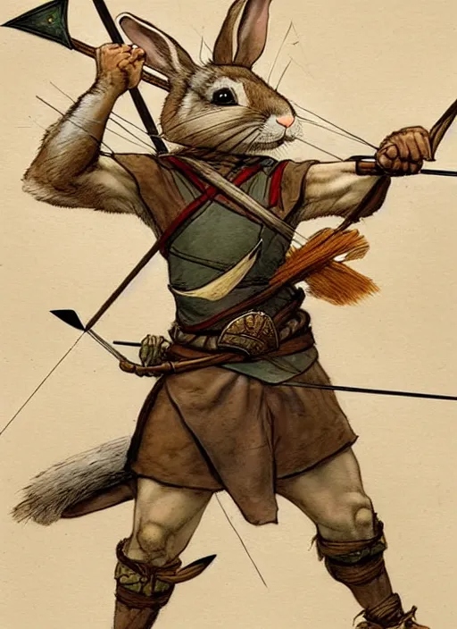 Image similar to a heroic rabbit archer with bow and arrow on a parchment background, redwall, greg rutowski and jean baptiste monge, detailed, epic fantasy concept art