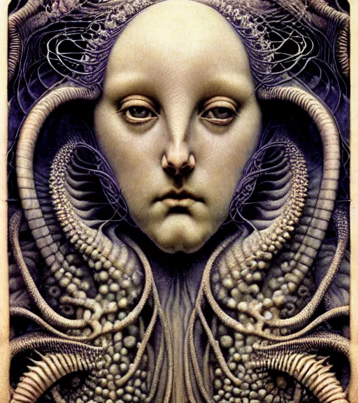 Image similar to detailed realistic beautiful nautilus goddess face portrait by jean delville, gustave dore, iris van herpen and marco mazzoni, art forms of nature by ernst haeckel, art nouveau, symbolist, visionary, gothic, neo - gothic, pre - raphaelite, fractal lace, intricate alien botanicals, biodiversity, surreality, hyperdetailed ultrasharp octane render