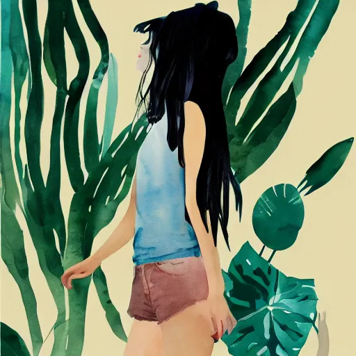 Image similar to a room full of beautiful house plants and a pretty woman with pale skin, long black hair with bangs, wearing shorts and t shirt, abstract, golden light, beautiful watercolor art trending on artstation