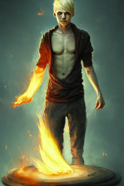 Image similar to character art by bastien lecouffe - deharme, young man, blonde hair, on fire, fire powers