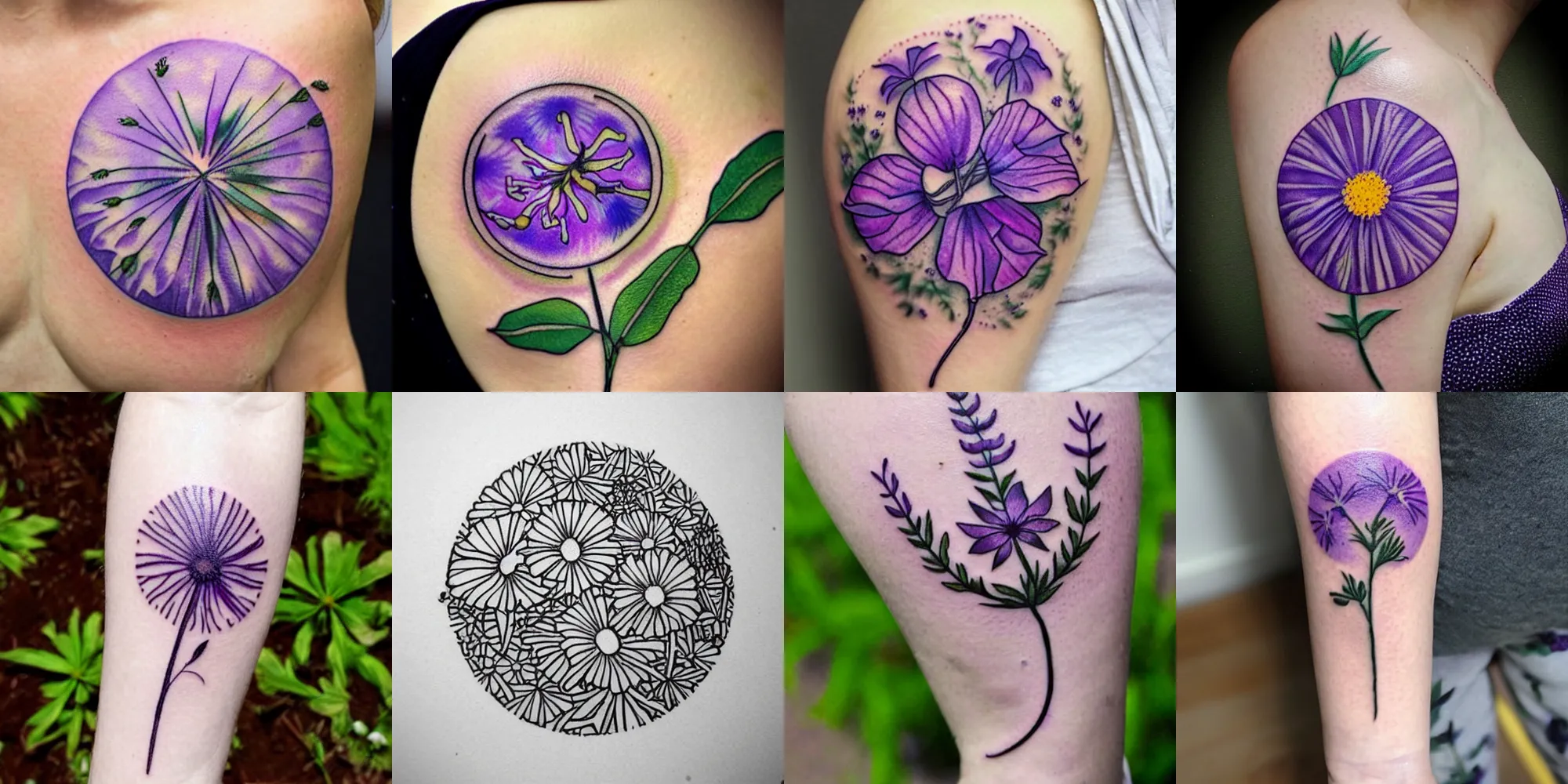 Illustrative lavender flower tattoo on the bicep.