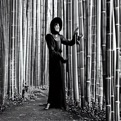 Image similar to a witch has turned her head into bamboo, standing in front of a mirror laughing