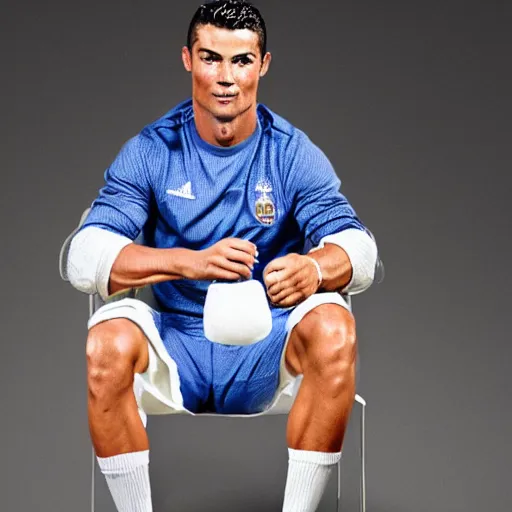 Prompt: a promo portrait of cristiano ronaldo crying sitting in a sofa, eating a bucket of ice cream,