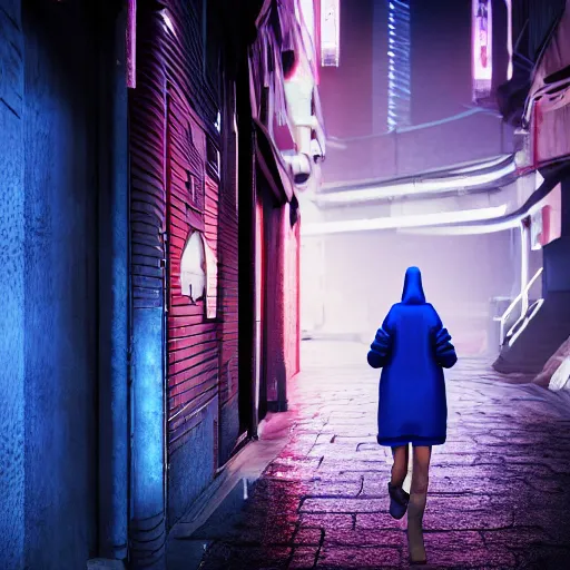 Prompt: woman in blue hoodie walking through a cyberpunk street, digital art, octane, unreal engine