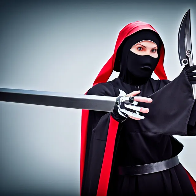 Image similar to cyber nun ninja warrior with weapons, highly detailed, 8 k, hdr, smooth, sharp focus, high resolution, award - winning photo