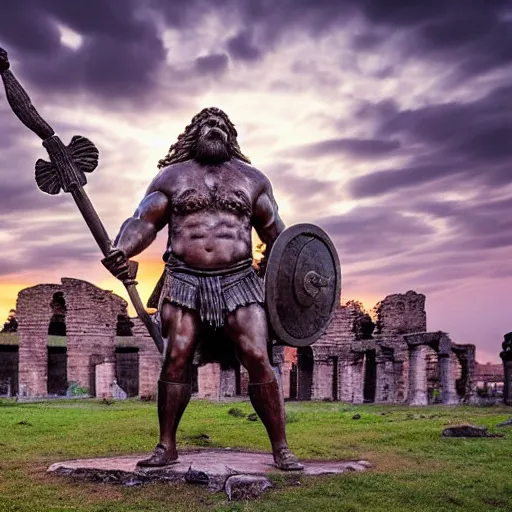 Prompt: a grand bronze statue of a burly muscular viking, wielding a large halberd threateningly in one outstretched hand, flowing hair and long robes, regal and menacing visage, built in a verdant field surrounded by ancient ruins, at dusk with purple twilight sky, enhanced 4 k stylized digital art