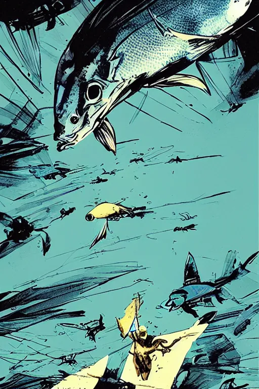 Image similar to fish flying through the sky, graphic novel, high contrast, by bill sienkiewicz