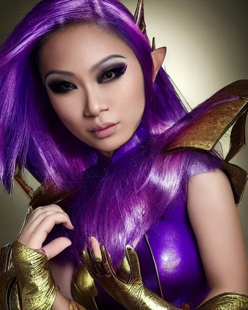 Prompt: a beautiful indonesian woman with a pixie like hairdo and elf ears wears a purple futuristic armored superhero costume, photorealistic