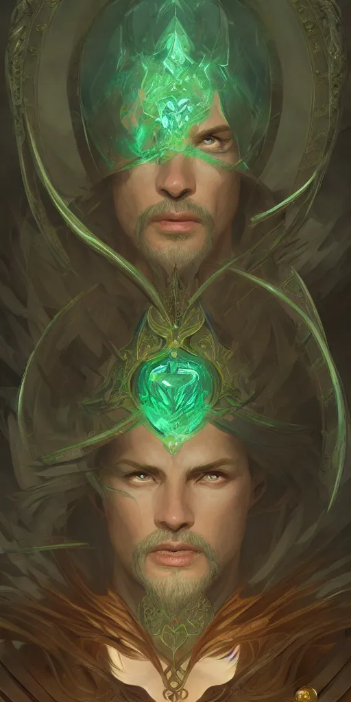 Image similar to sinister male mage, viscount, ancient, sand, emerald, magic, intricate, highly detailed, digital painting, artstation, concept art, smooth, sharp focus, illustration, Unreal Engine 5, 8K, art by artgerm and greg rutkowski and alphonse mucha