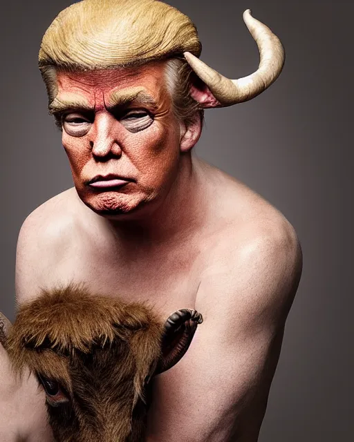 Prompt: Donald Trump in Elaborate Pan Satyr Goat Man Makeup and prosthetics designed by Rick Baker, Hyperreal, Head Shots Photographed in the Style of Annie Leibovitz, Studio Lighting