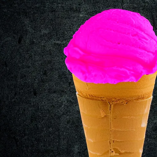 Prompt: bright digital rendered picture of a depressed pink ice cream cone with a sad face