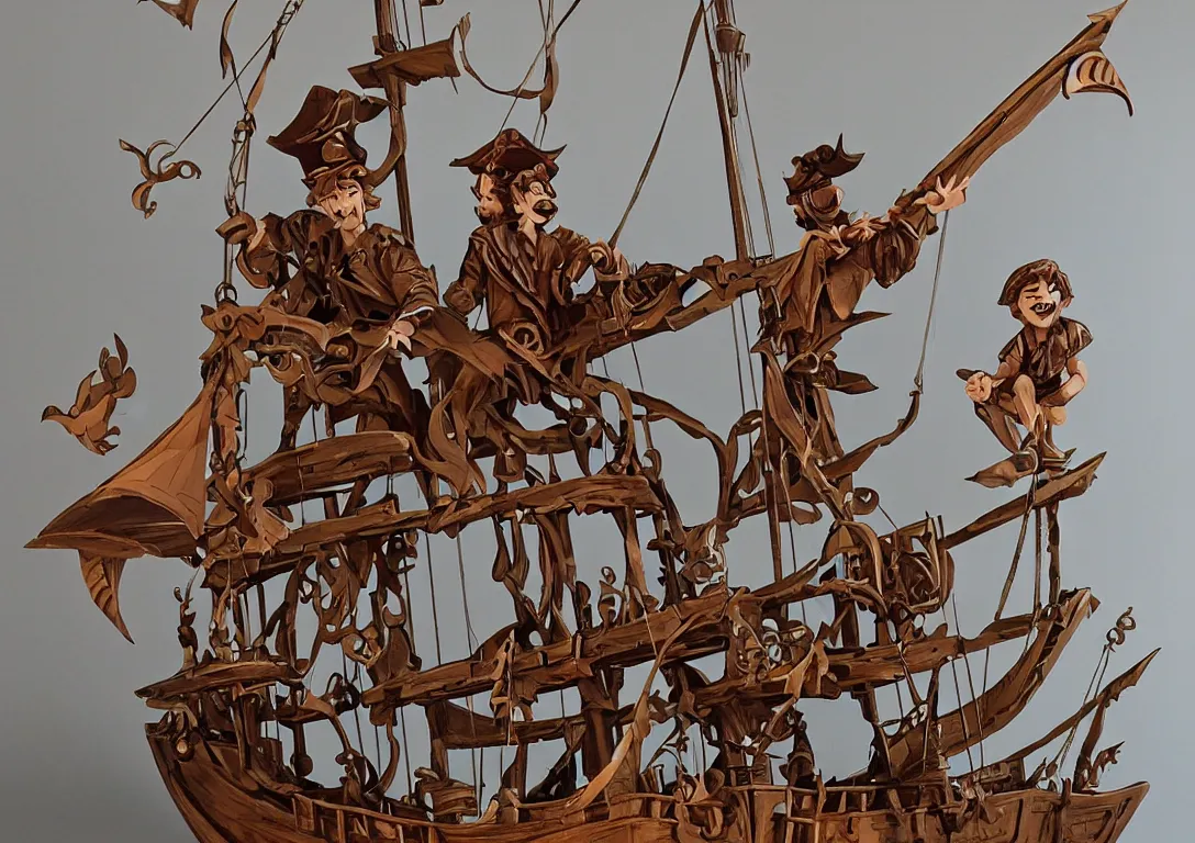 Image similar to a stylized cut paper sculpture of peter pan and captain hook on a pirate ship