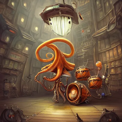 Image similar to fantasy steampunk giant Squid with tentacles and sushi knife frantically playing a big rock&roll drum set in the spotlight dystopian photorealistic, by Philipp A. Urlich and Pengzhen Zhang an Andreas Rocha, fantasy, intricate, elegant, highly detailed, digital painting, artstation, blender, unreal engine 5, octane render, smooth, sharp focus, illustration