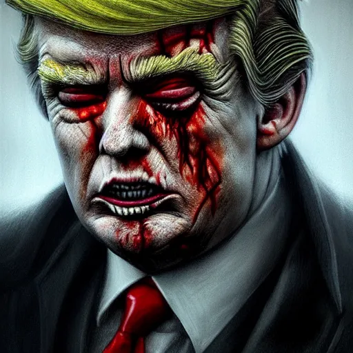Prompt: side portrait of donald j. trump as a zombie, 7 days to die zombie, chalky style, fine art, soft light, award winning, subtle colors, intricate, elegant, sharp focus, cinematic lighting, digital painting, 8 k concept art, art by michael hussar, art by brom, art by z. w. gu, 8 k