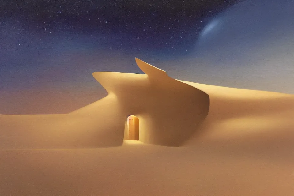 Prompt: sci fi landscape painting of snohetta architecture design of a seashell shaped house in the middle of the desert at night, painted by john harris