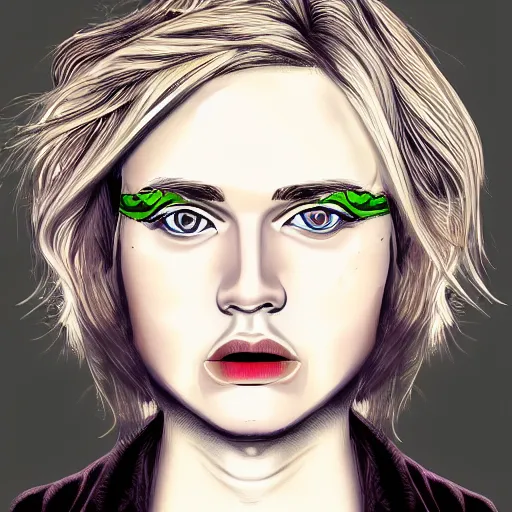 Image similar to portrait of blond girl with green eyes small lips who look like actor michael pitt illustration