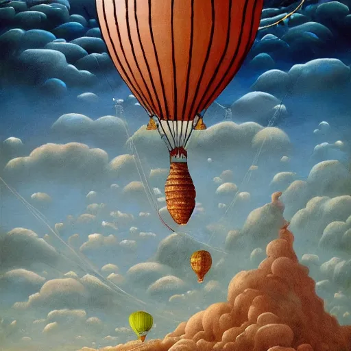 Prompt: giant fish in the shape of an air balloon with water spilling out of the basket, very very beautiful, artstation hd, jacek yerka, alex gray, zdzisław beksiński, dariusz zawadzki, jeffrey smith and h.r. giger, oil on canvas, 8k highly professionally detailed, trending on artstation