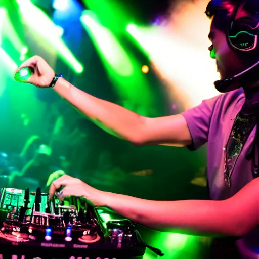 Image similar to DJ Bhumibol spinning turntables during edm concert, photo, close-up, high quality