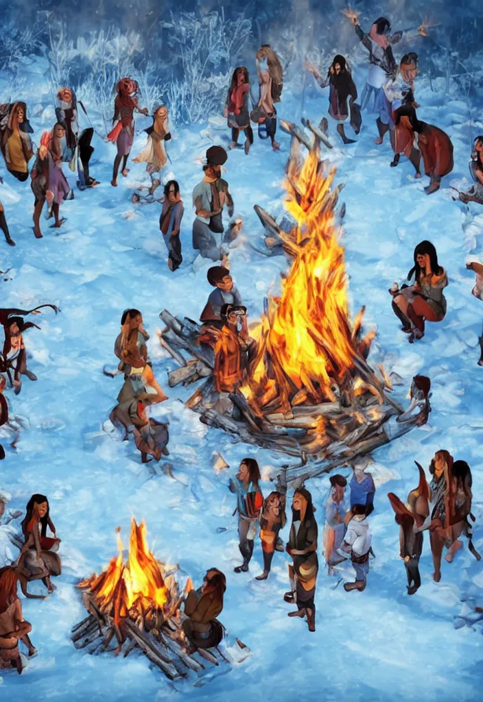 Image similar to realistic tribe gather around a bonfire with a pregnant woman as her leader, intense blue eyes, realistic, antartic night, aerial race