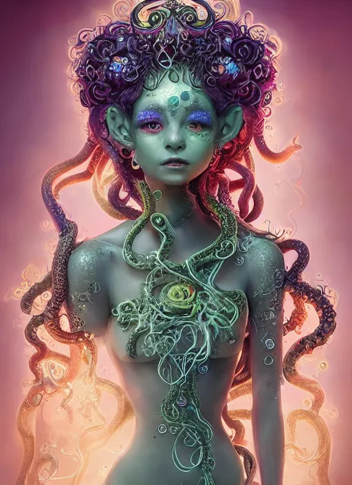 Prompt: A full body shot of a cute and mischievous monster girl made of tentacles wearing an ornate ball gown covered in opals. Fancy Dress. Subsurface Scattering. Translucent Skin. Rainbow palette. defined facial features, symmetrical facial features. Opalescent surface. beautiful lighting. By Giger and Ruan Jia and Artgerm and WLOP and William-Adolphe Bouguereau. Photo real. Hyper-real. Photorealism. Fantasy Illustration. Sailor Moon hair. Masterpiece. trending on artstation, featured on pixiv, award winning, cinematic composition, dramatic pose, sharp, details, Hyper-detailed, HD, HDR, 4K, 8K.