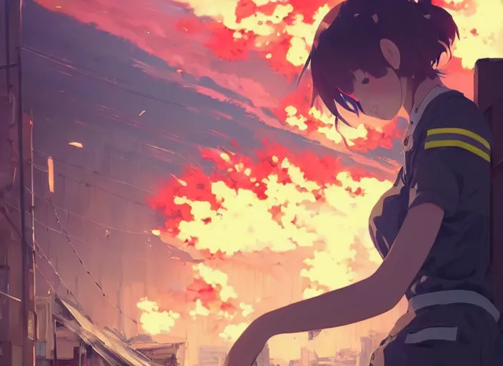 Prompt: firefighter girl, crumbling building background arson landscape illustration concept art anime key visual trending pixiv fanbox by wlop and greg rutkowski and makoto shinkai and studio ghibli and kyoto animation fireproof clothing hardware gear