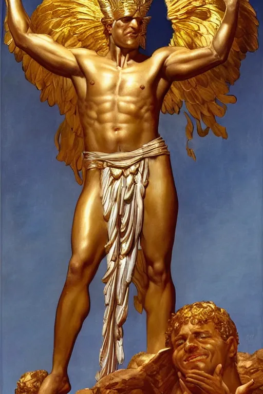 Image similar to emmanuel macron as the god of golden peace by thomas blackshear