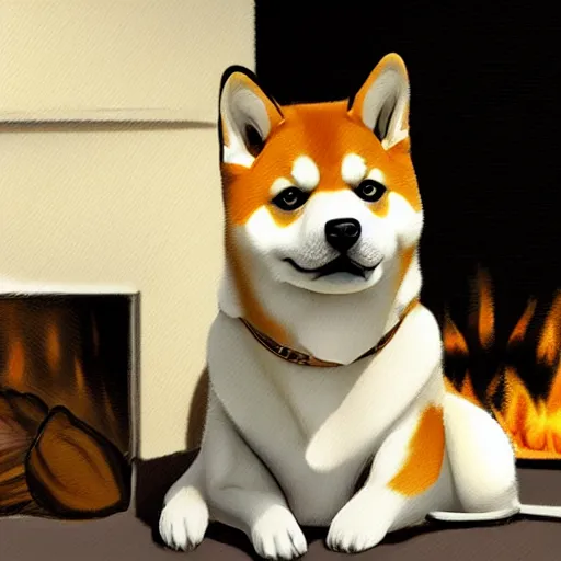 Prompt: shiba inu next to a fireplace, digital art, by Yoshitaka Amano, trending on artstation