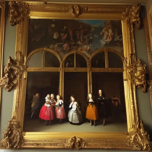 Image similar to super quality family portrait in the main room of the castle painted in 1 6 5 6, dark room, one point of light coming through the window inspired by las meninas, clear spaces between each subject and good detail and realistic eyes, faces for each person in the canva, inspired by diego velasquez baroque style