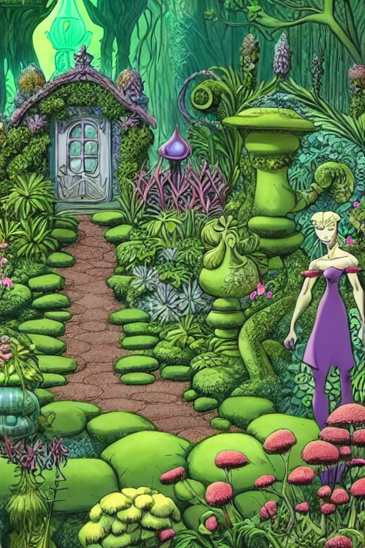 Image similar to intricate detailed Garden, Green Witch Walking her Garden, magical garden plant creatures, enchanted, life like plants, In The animation style of X-Men: The Animated Series, high detail, max upscale