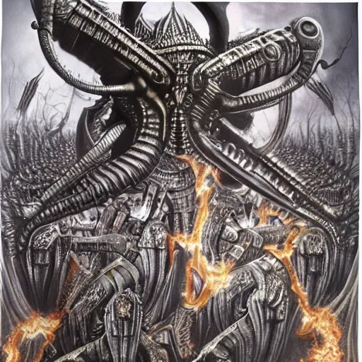 Image similar to battle between gods of all religions, airbrush painting by hr giger, illustration, intricate detail, award winning work,