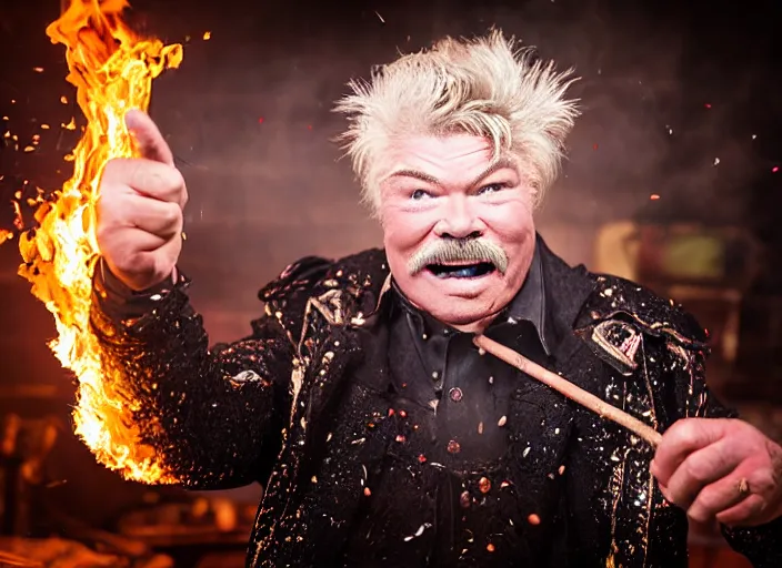 Image similar to photo still of rip taylor at a burning saloon 1 9 1 5!!!!!!!! at age 5 4 years old 5 4 years of age!!!!!!! throwing confetti from a bucket, 8 k, 8 5 mm f 1. 8, studio lighting, rim light, right side key light
