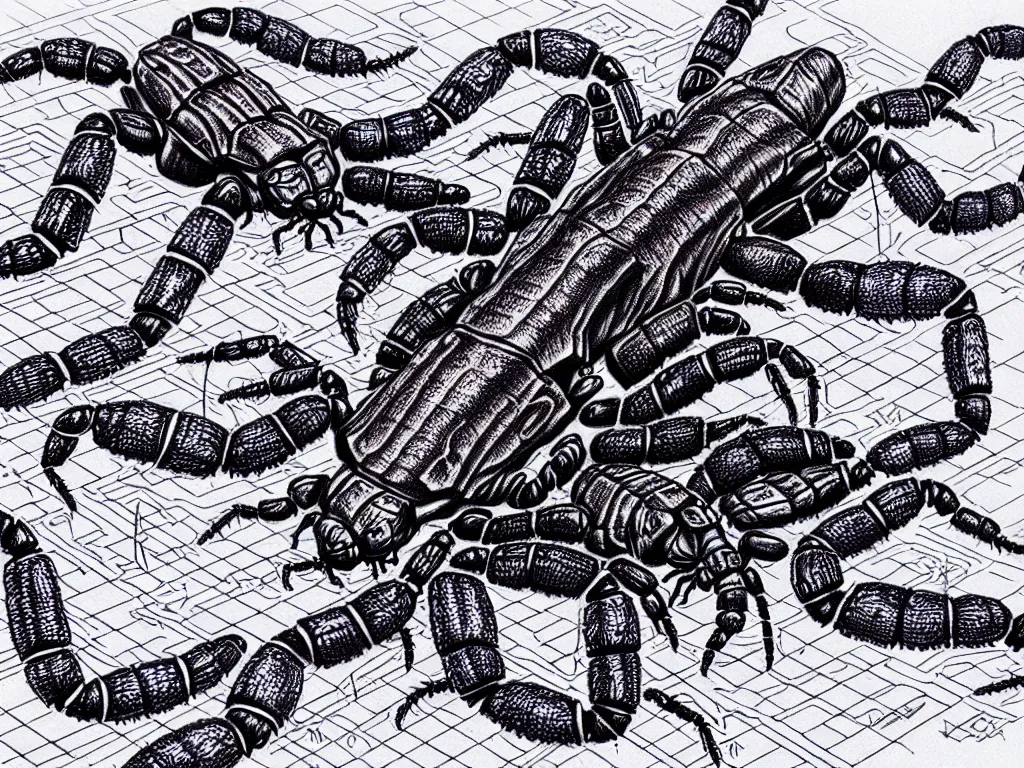 Prompt: australia invaded by scorpions in the future ball point pen art