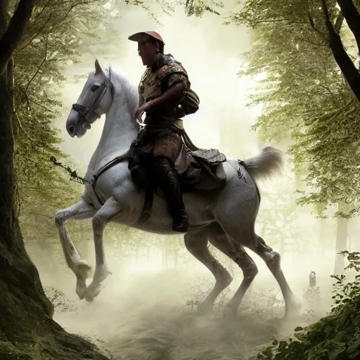 Image similar to a man riding on the back of a white horse through a forest, a detailed matte painting by frieke janssens, featured on cgsociety, fantasy art, matte painting, reimagined by industrial light and magic, matte drawing