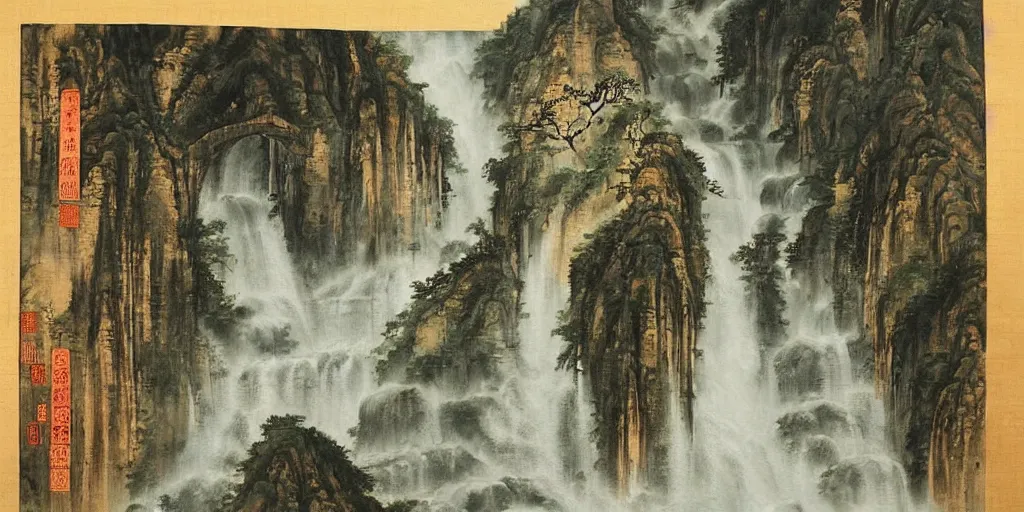 Image similar to “ large ancient gate in the middle of waterfall in chinese watercolor painting, oil painting, masterpiece, aesthetic ”