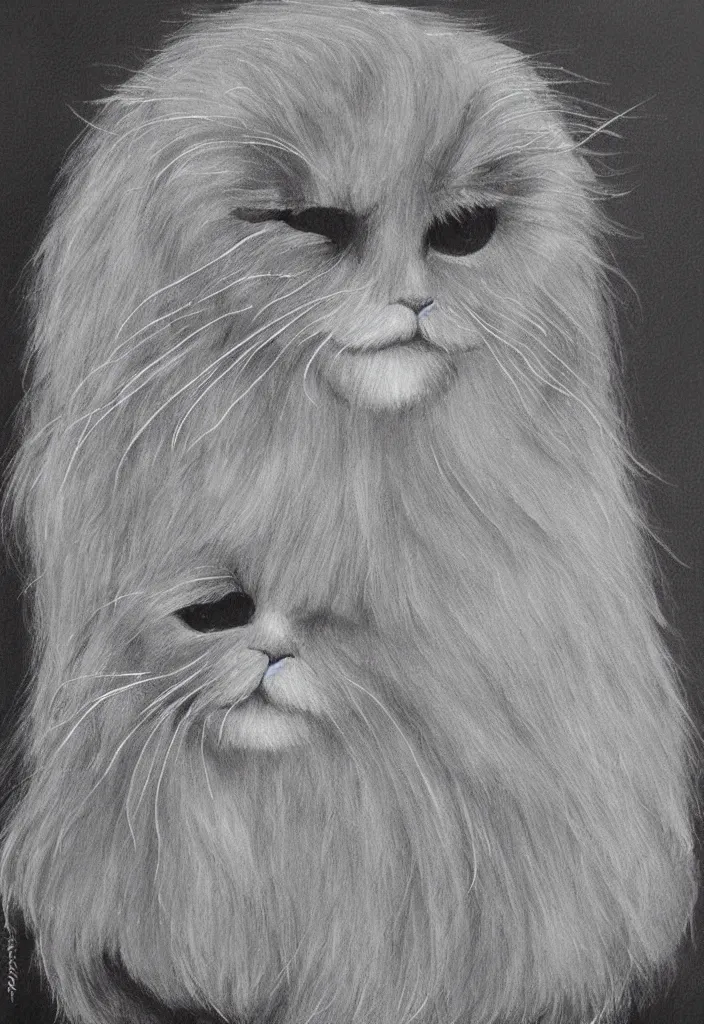 Image similar to longhair floof fluffy coiffed groom elegant gorgeously champion cute pretty scottish fold, radiant line art pen and ink and paint, grisaille dark monochrome with neon color airbrush spraypaint accents