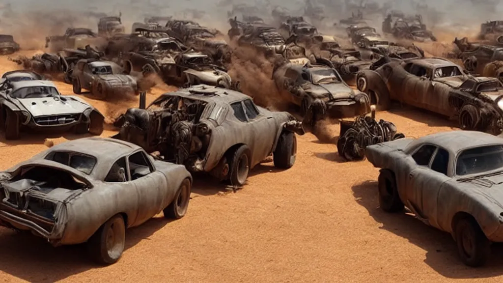 Image similar to mad max cars in a pixar movie