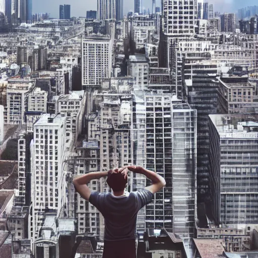 Image similar to a person standing on top of a tall building, a stock photo by Thomas Struth, shutterstock contest winner, superflat, national geographic photo, hyper realism, behance hd -1024