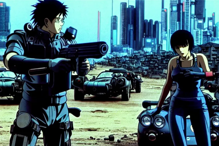 Image similar to masamune shirow movie still from ghost in the shell dieselpunk mad max alpine a 1 1 0 with guns installed makoto shinkai takashi takeuchi studio ghibli, akihiko yoshida