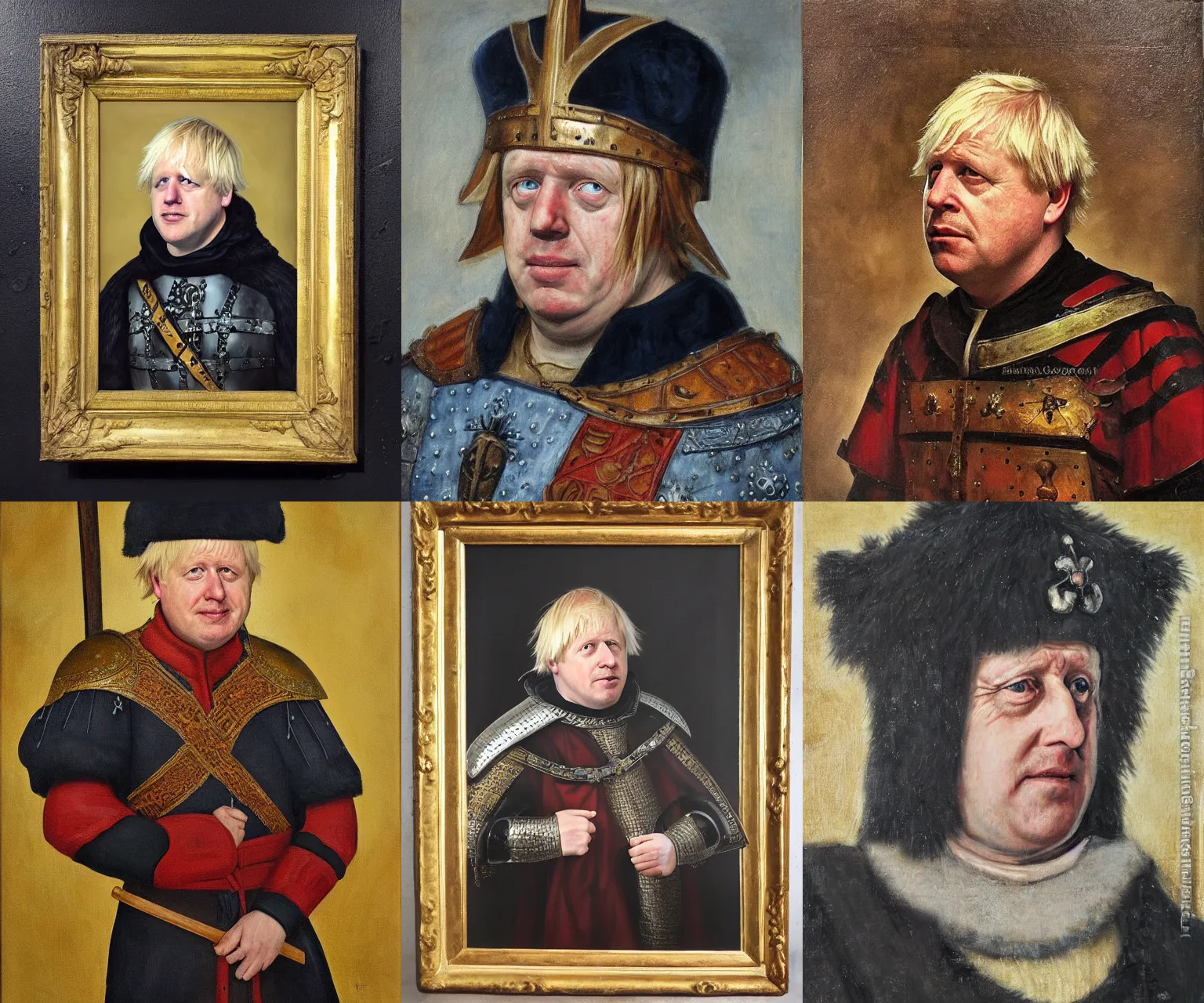 Prompt: Boris Johnson as a medieval commander, stern, portrait, realistic oil painting by Boris Valejo
