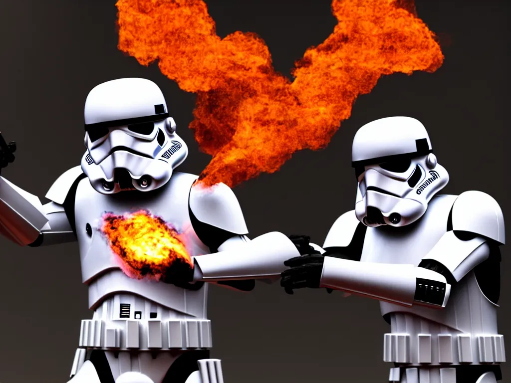 Image similar to storm trooper in a battle, smoke, fire, explosions, chrome, shiny, reflective, metallic, 3 d render, realistic, hdr, stan winston studios, dramatic lighting, flame colors bright,