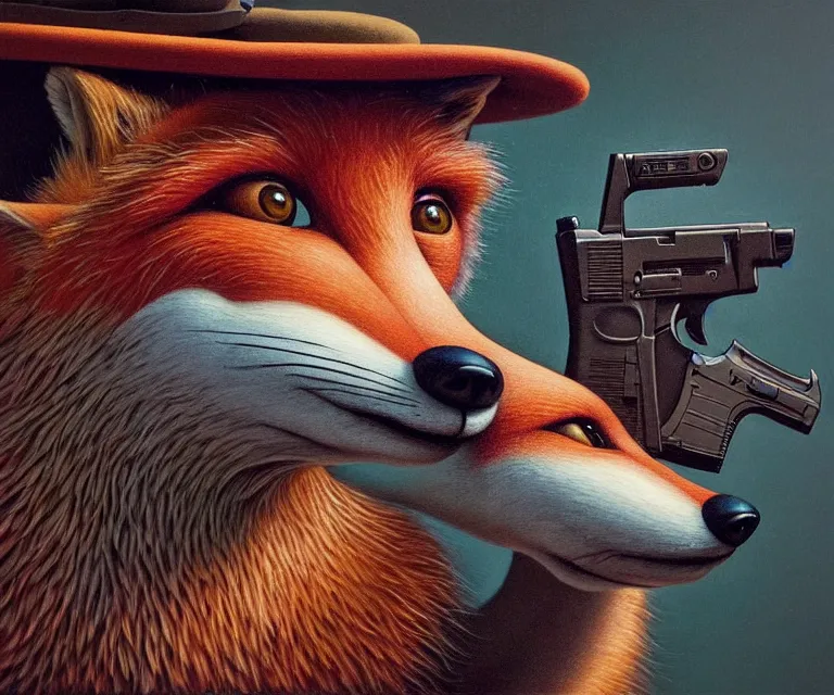 Image similar to hyper detailed 3d render like a Oil painting - portrait of an anthro fox wearing a beret and pointing a glock at the camera, by Jacek Yerka, Mariusz Lewandowski, Houdini algorithmic generative render, Abstract brush strokes, Masterpiece, Edward Hopper and James Gilleard, Zdzislaw Beksinski, Mark Ryden, Wolfgang Lettl, hints of Yayoi Kasuma, octane render, 8k