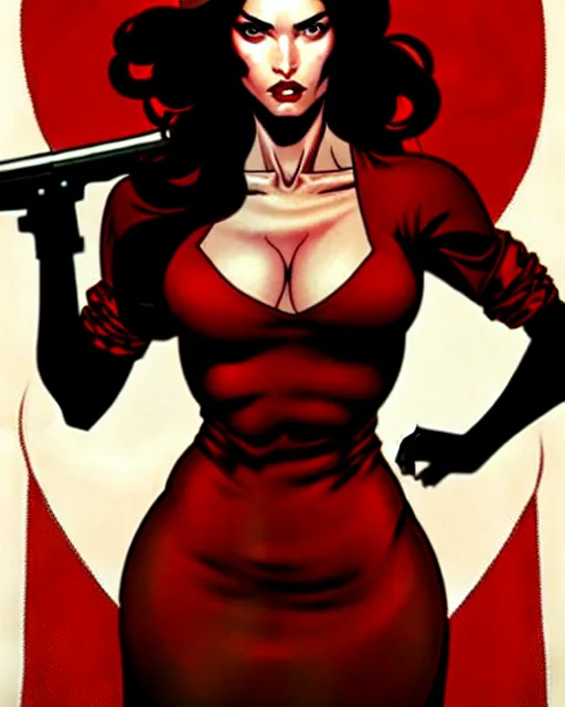 Image similar to artgerm, joshua middleton comic cover art, full body pretty megan fox holding a shotgun, red dress, symmetrical eyes, symmetrical face, long curly black hair, dark city background, cinematic lighting