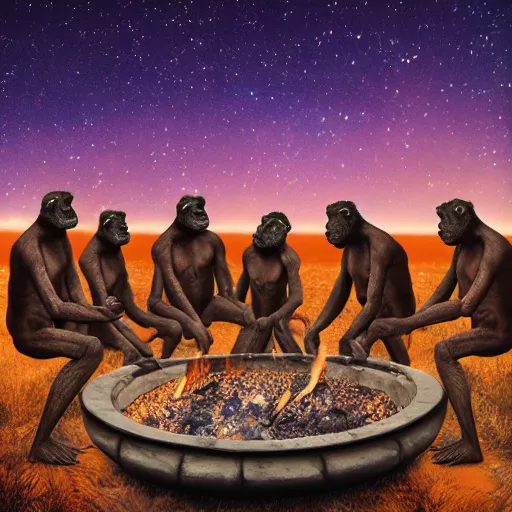 Image similar to an australopithecus tribe gathering, pointing to the stars, fire pit, ambient lighting, orange pallete, anatomically correct, beautiful starry skies, 4k photo,