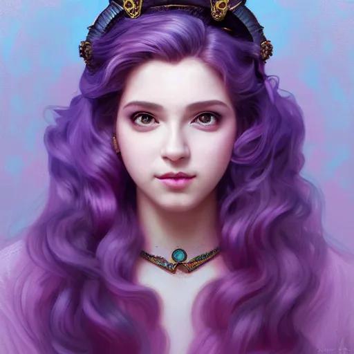 Image similar to portrait of princess peach, nose ring, upper body, purple hair, long hair, joyful smirk, intricate, smoking weed, elegant, highly detailed, digital painting, artstation, concept art, matte, sharp focus, illustration, art by artgerm and greg rutkowski and alphonse mucha