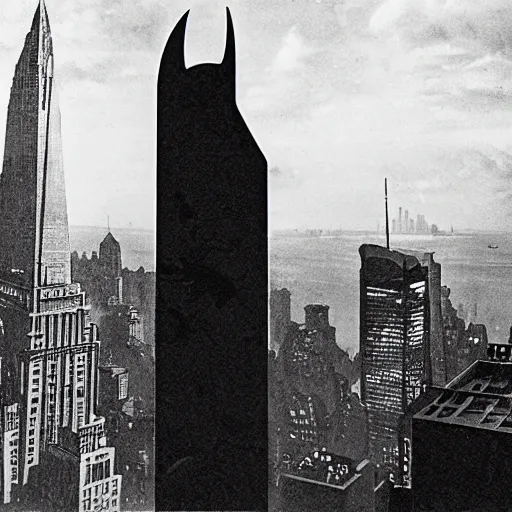 Prompt: old black and white photo, 1 9 2 5, depicting batman spreading his cape on top of a skyscraper of new york city, rule of thirds, historical record