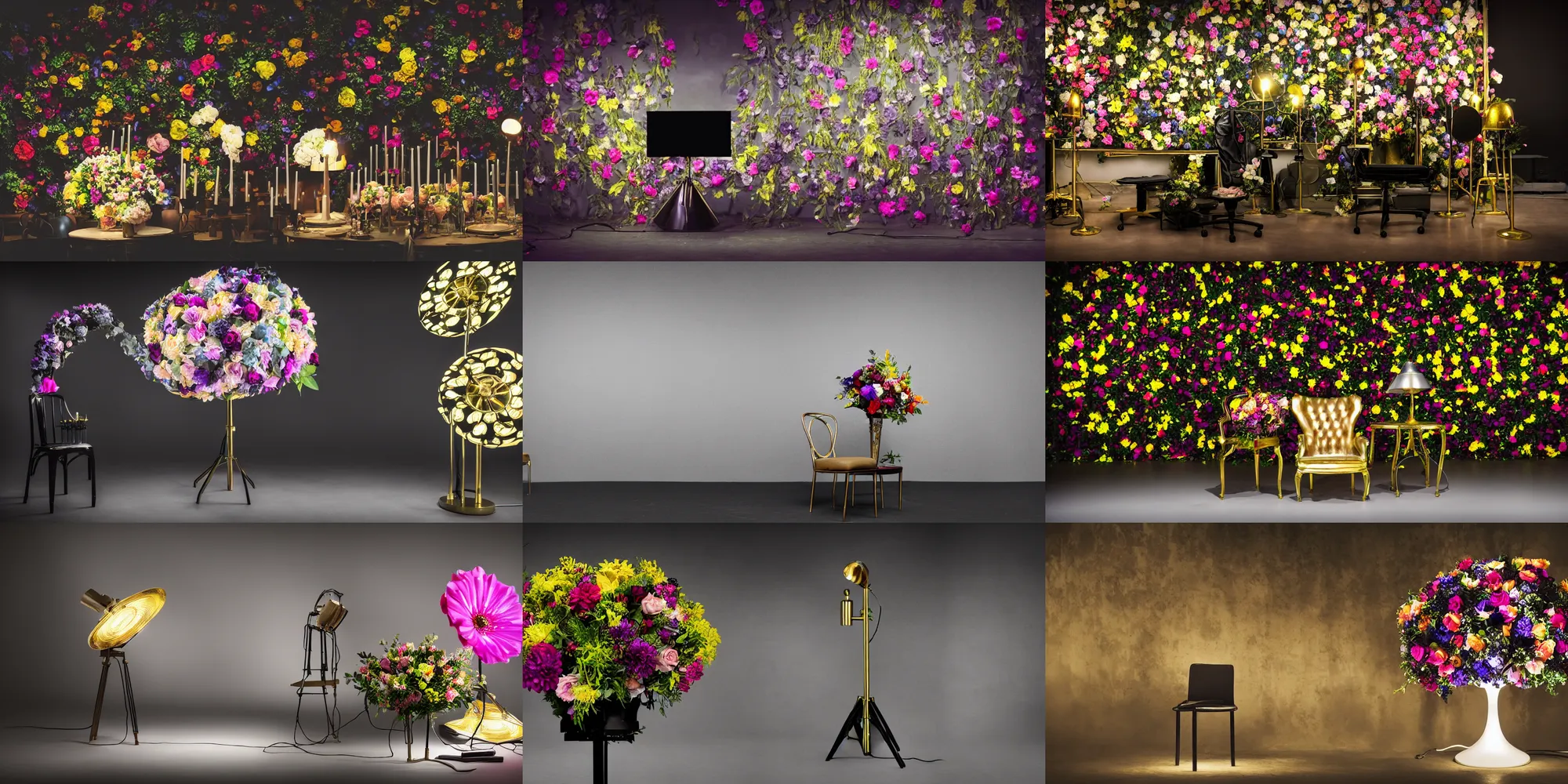 Prompt: detailed studio photograph, wide angle, pitch black studio setting, darkness, high quality, elegance, tv production, pitch black background, single chair brass, standing lamp extravagant, designer, single chair, giant artifical colorful flower bouquet