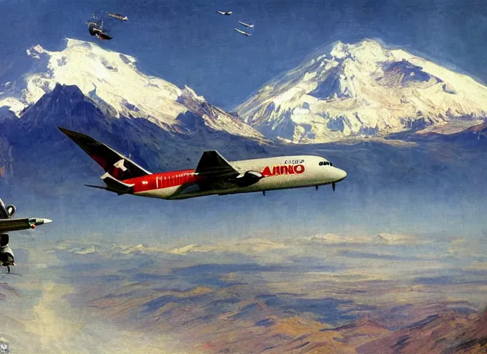 Image similar to illustration of the chilean coup d'etat of a plane bombing the government palace at full speed with the andes mountain range in the background by john berkey and monet
