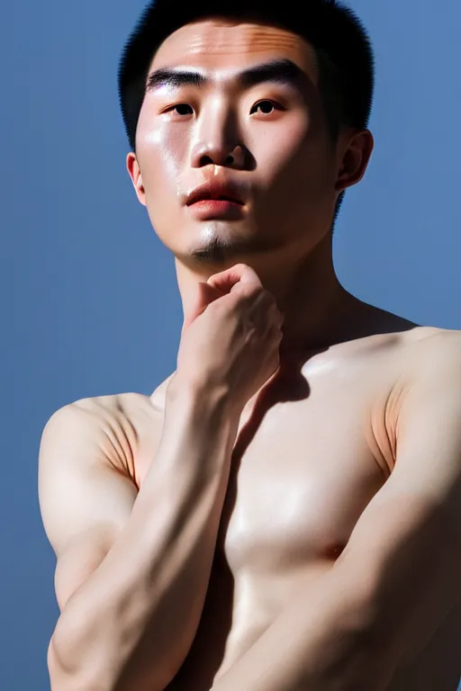 Prompt: high quality 35mm photo handsome expressive chinese man with translucent skin highly detailed eric zener elson peter cinematic blue lighting high angle hd 8k sharp shallow depth of field